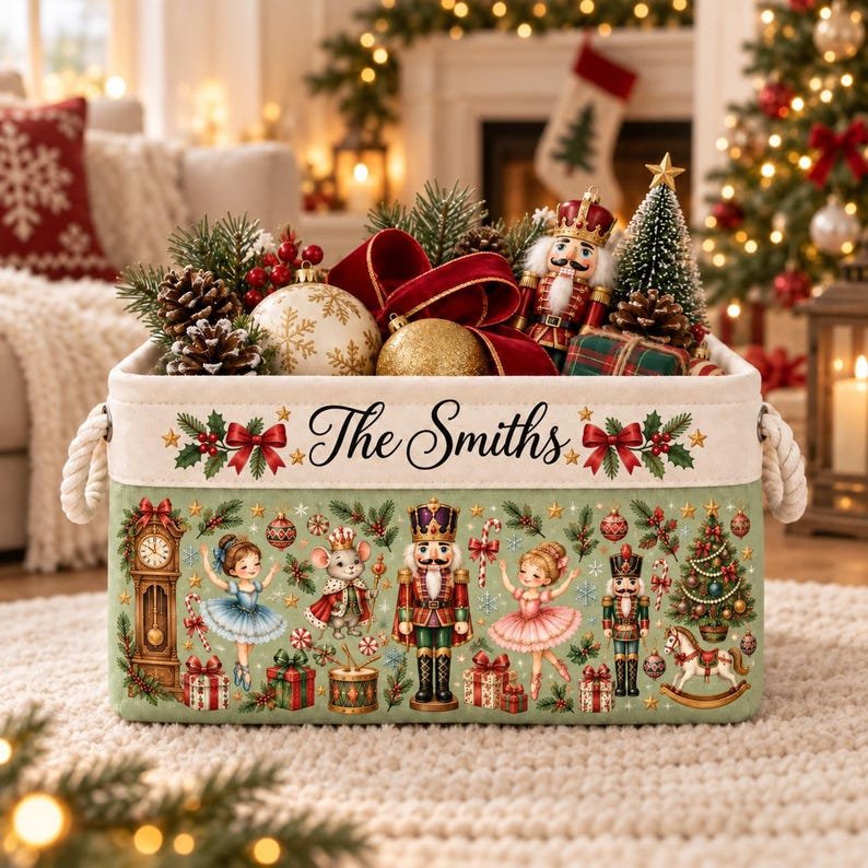Personalized Fabric Storage Basket, Nutcracker Christmas Organizer, Green Ballet Holiday Decor BBPETAL38