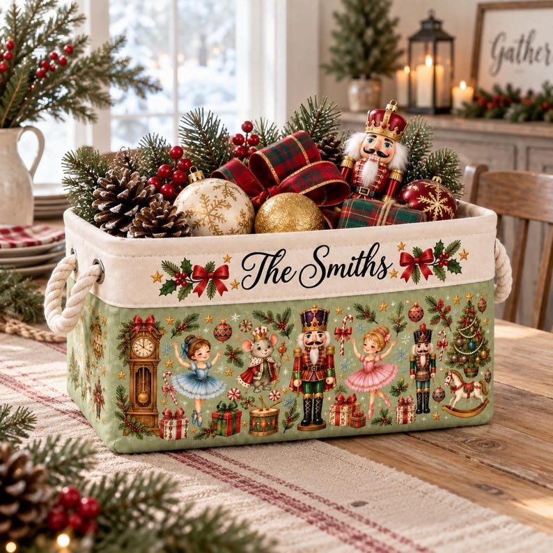 Personalized Fabric Storage Basket, Nutcracker Christmas Organizer, Green Ballet Holiday Decor BBPETAL38