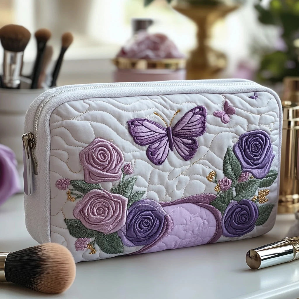 Quilted Purple Butterfly & Rose Makeup Bag, Lavender Floral Cosmetic Pouch, Travel Toiletry Organizer – QMBPETAL32