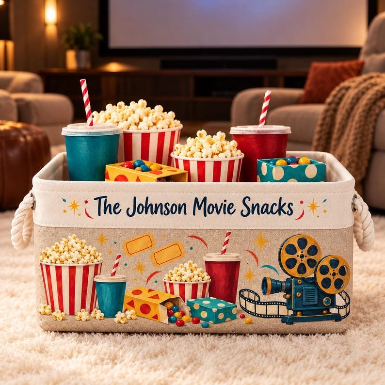Personalized Fabric Storage Basket, Movie Night Snack Organizer, Popcorn and Cinema Theme BBPETAL39