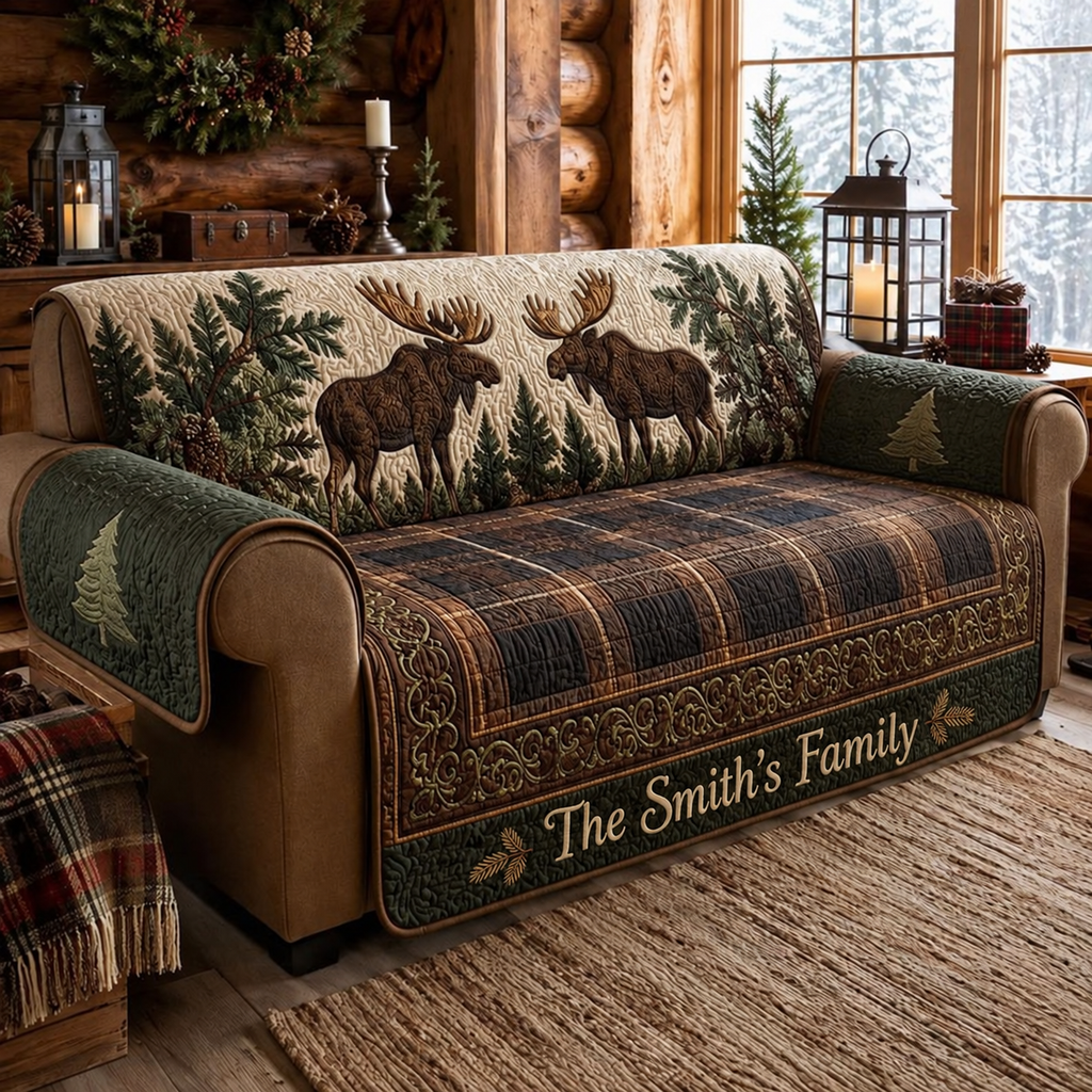 Personalized Rustic Woodland Moose Quilted Sofa Cover, Moose Pattern Sofa Cover, Patchwork Couch Throw, Sofa Protector, Holiday Sofa Decor QUILTSOFA26
