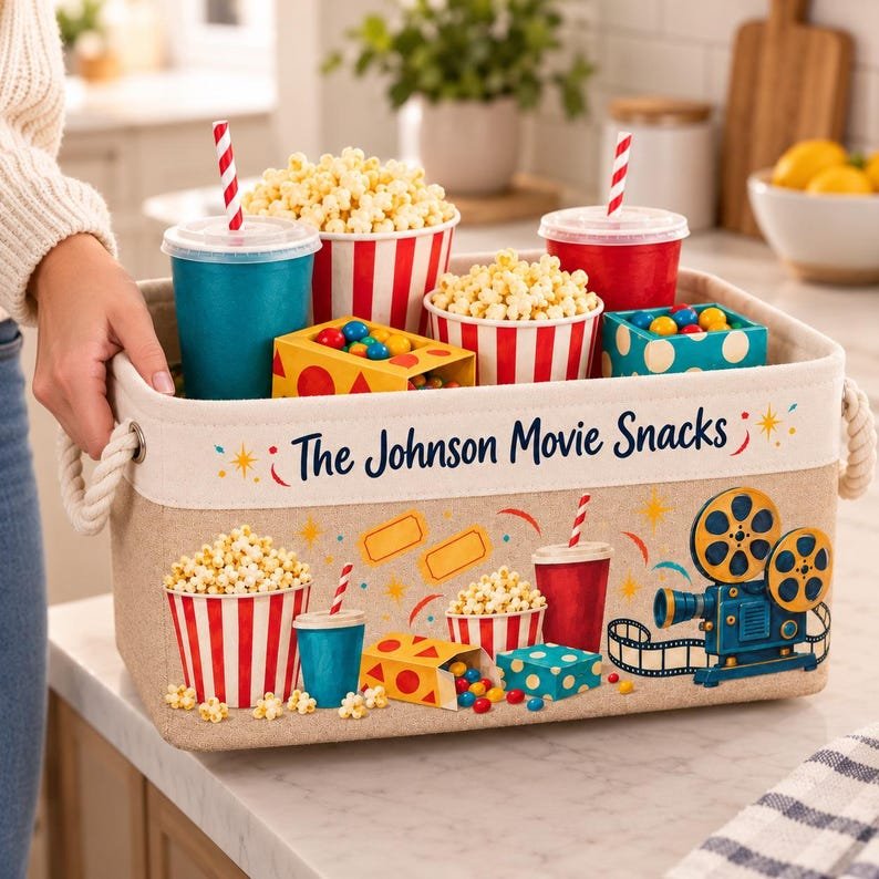 Personalized Fabric Storage Basket, Movie Night Snack Organizer, Popcorn and Cinema Theme BBPETAL39