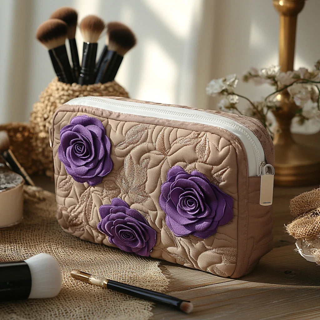 Quilted Purple Rose Makeup Bag, Elegant Floral Cosmetic Pouch, Travel Toiletry Organizer – QMBPETAL33