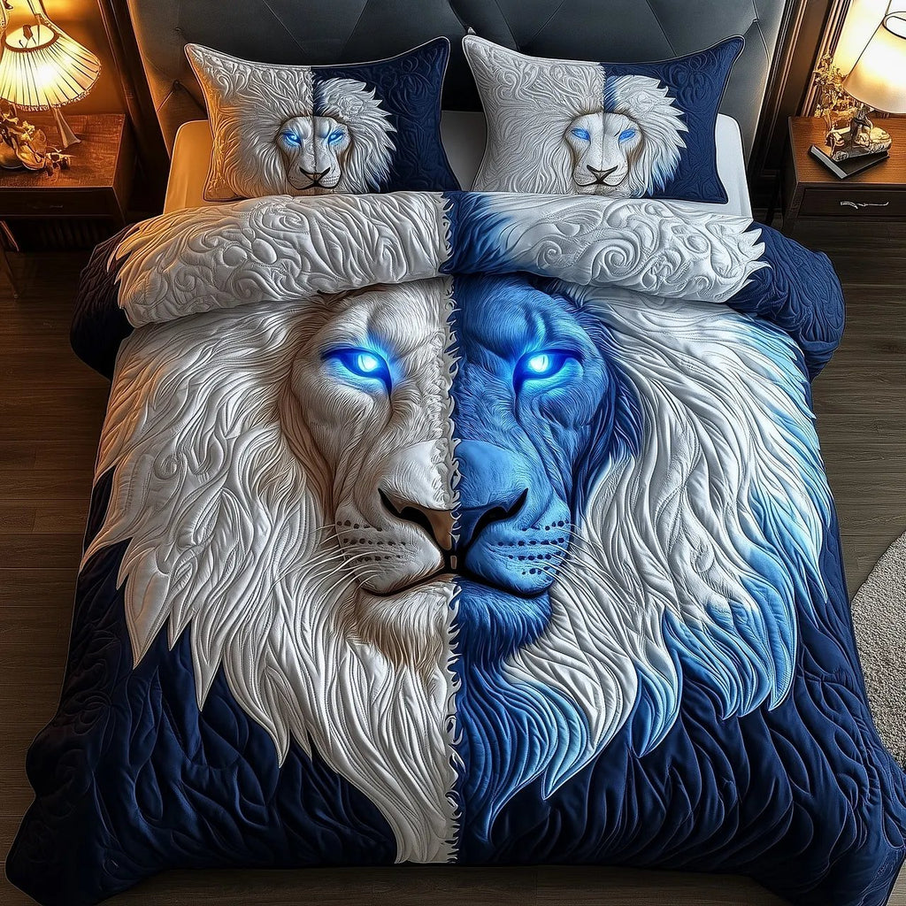Elemental Lion Quilted Bedding Set, Lion Art Blanket with Pillowcases, Festive Winter Bedroom Decor, Bedding Decor PTBED64