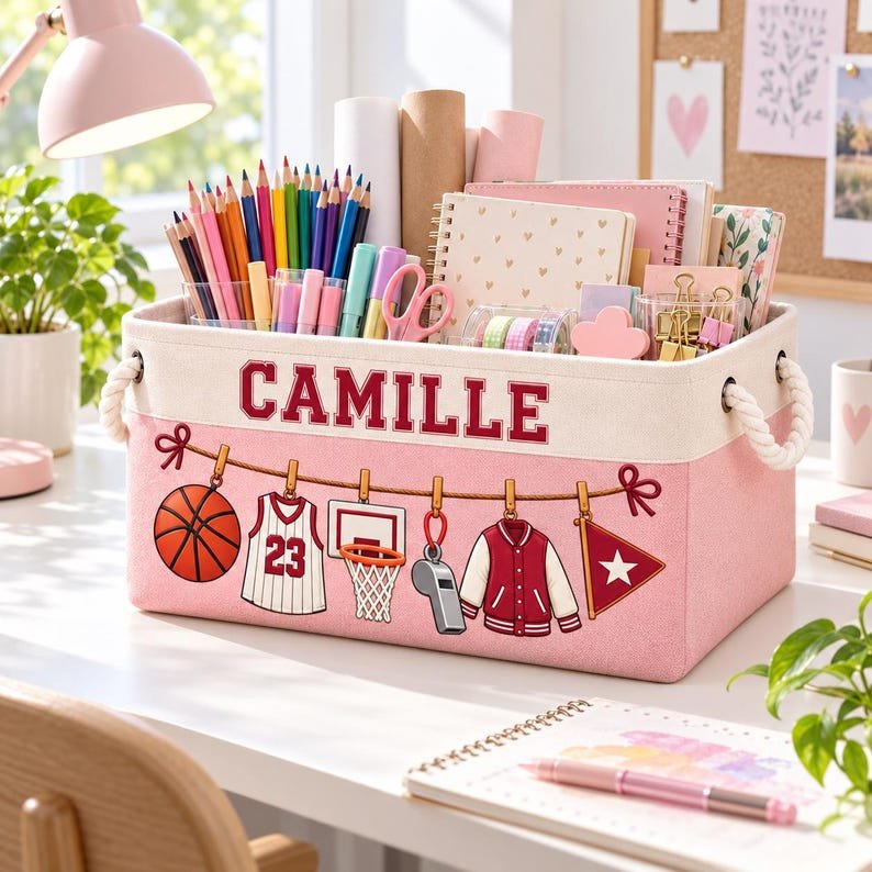 Personalized Sports Storage Basket, Custom Kids Toy Bin, Nursery Organizer, Name Printed BBPETAL42