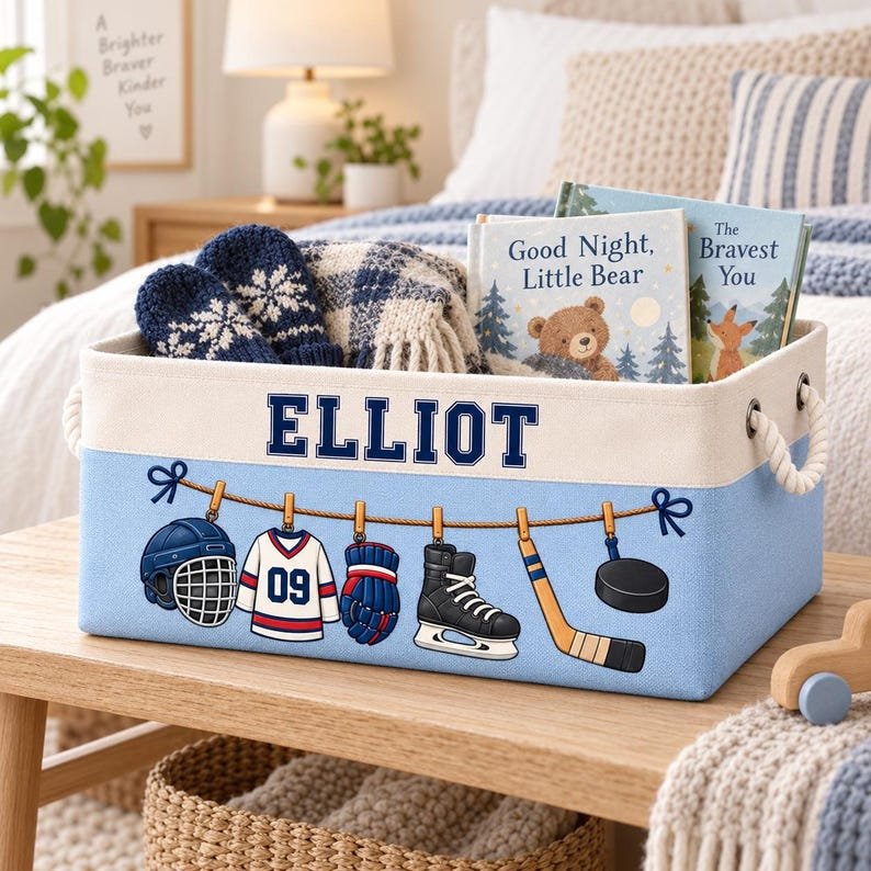Personalized Sports Storage Basket, Custom Kids Toy Bin, Nursery Organizer, Name Printed BBPETAL42