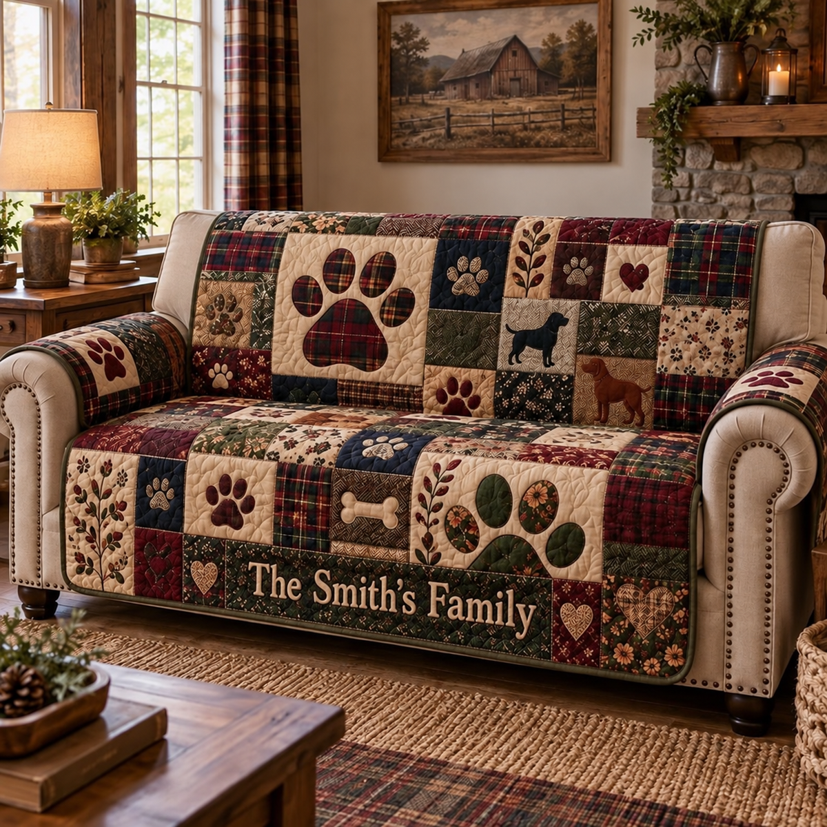 Personalized Pet Paw Quilted Sofa Cover, Paw Pattern Sofa Cover, Patchwork Couch Throw, Sofa Protector, Holiday Sofa Decor QUILTSOFA27
