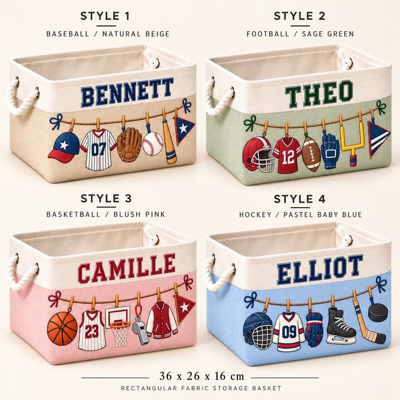 Personalized Sports Storage Basket, Custom Kids Toy Bin, Nursery Organizer, Name Printed BBPETAL42