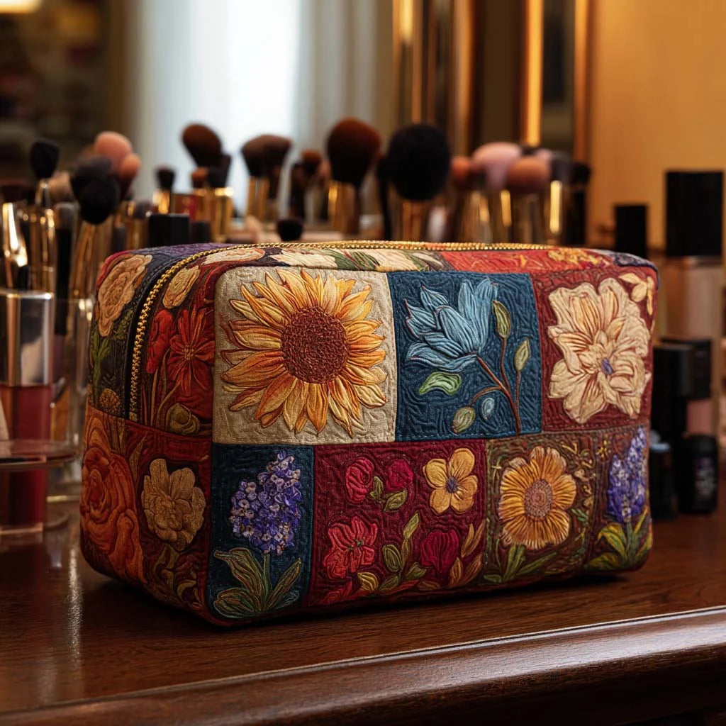 Quilted Patchwork Wildflower Makeup Bag, Vintage Floral Cosmetic Pouch, Travel Toiletry Organizer – QMBPETAL34