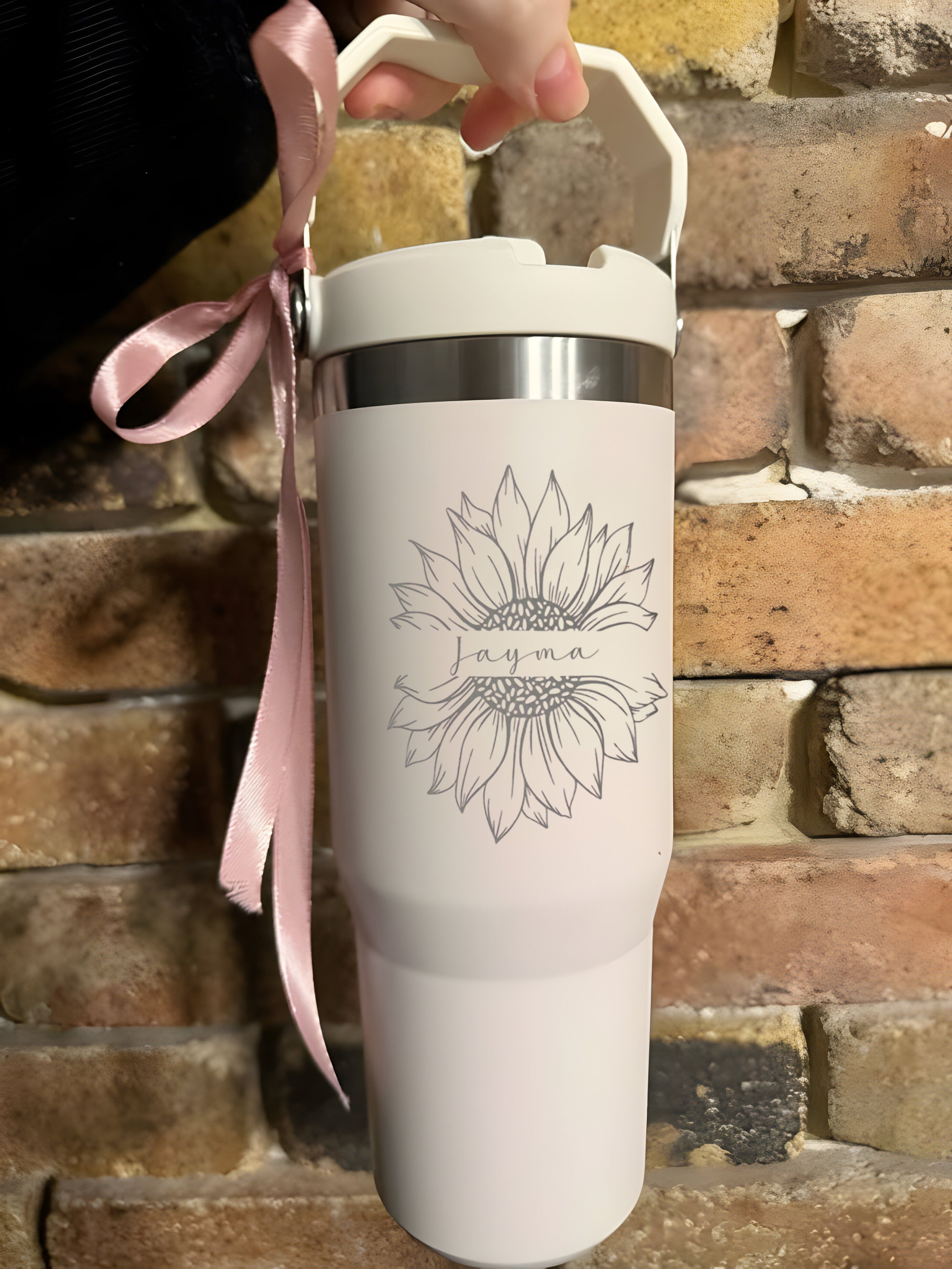 Personalized FLTP Tumbler with Straw, Custom Sunflower Engraved Travel Mug, 40oz Stainless Steel Insulated Cup with Handle