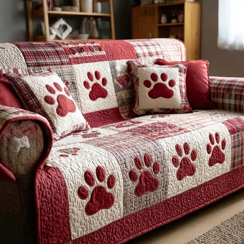 Personalized Red Pet Paw Quilted Sofa Cover, Paw Pattern Sofa Cover, Patchwork Couch Throw, Sofa Protector, Holiday Sofa Decor QUILTSOFA28