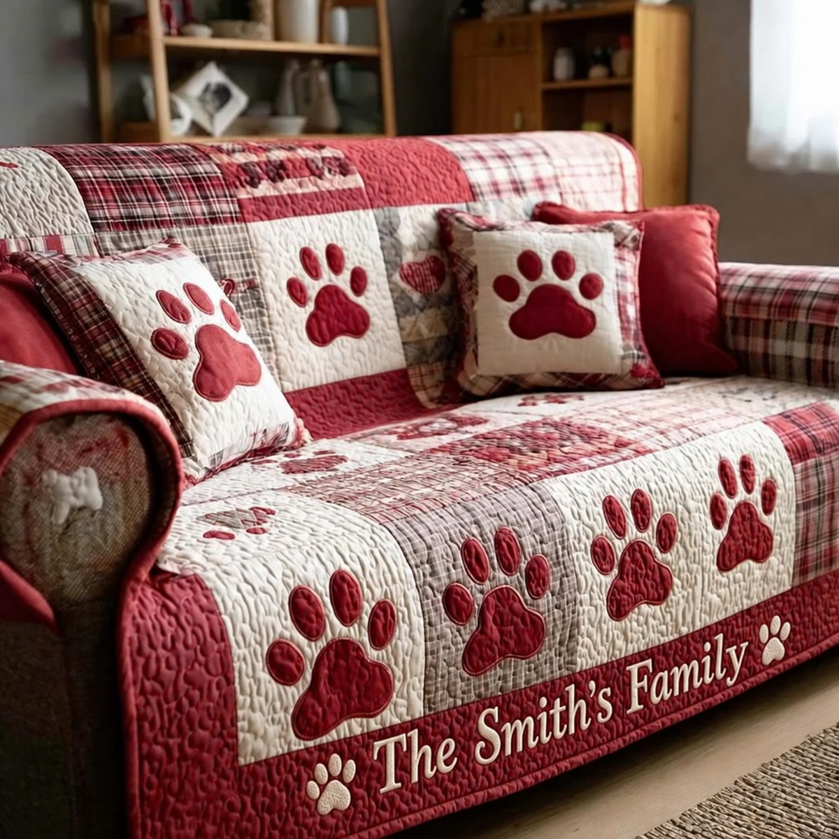 Personalized Red Pet Paw Quilted Sofa Cover, Paw Pattern Sofa Cover, Patchwork Couch Throw, Sofa Protector, Holiday Sofa Decor QUILTSOFA28