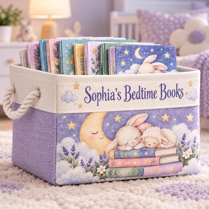 Personalized Book Lover Gift, Kids Organizer Basket, Custom Name Bedtime Reading Storage Bin BBPETAL40