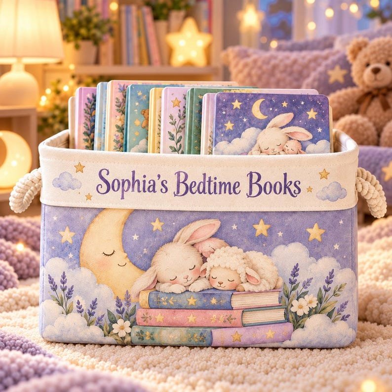 Personalized Book Lover Gift, Kids Organizer Basket, Custom Name Bedtime Reading Storage Bin BBPETAL40