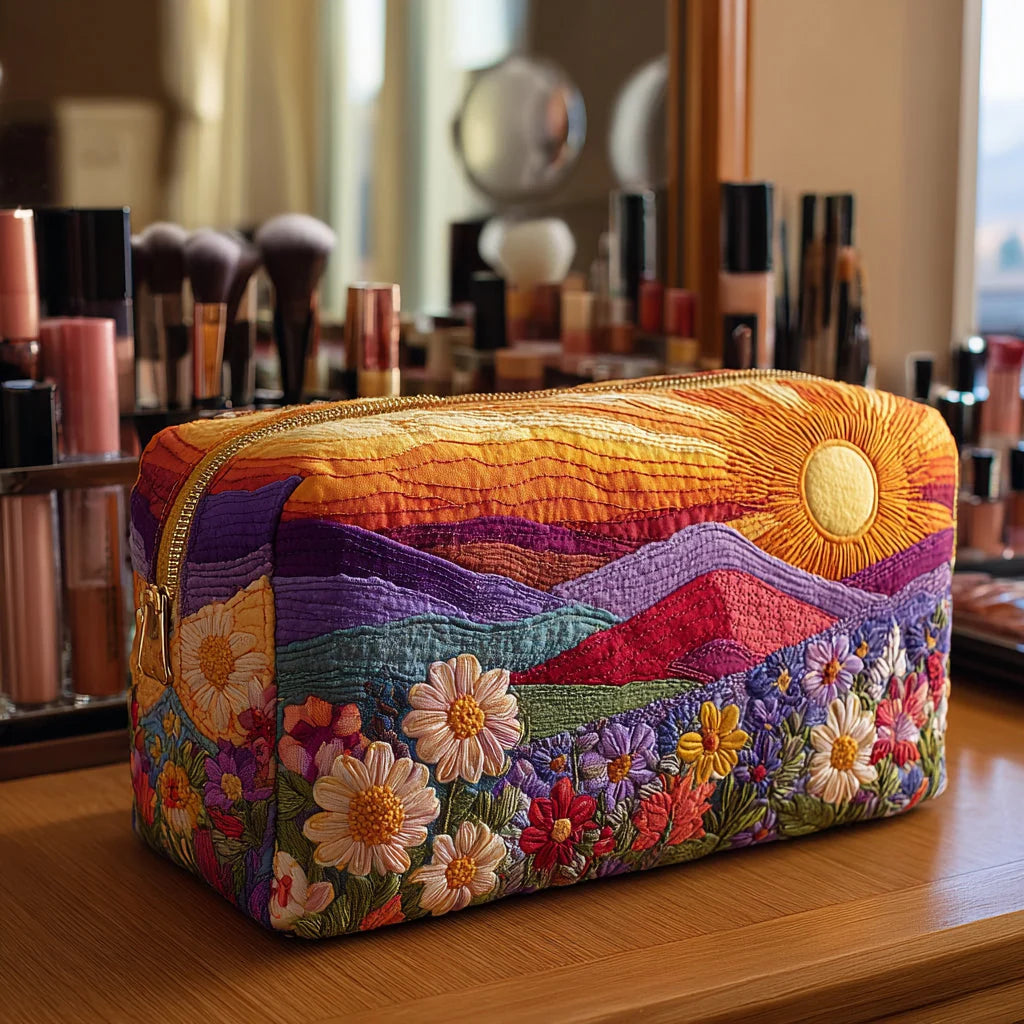 Quilted Wildflower Sunset Makeup Bag, Mountain Floral Cosmetic Pouch, Travel Toiletry Organizer – QMBPETAL35