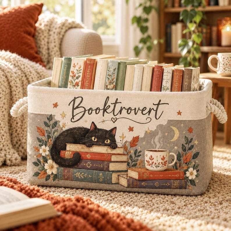 Personalized Booktrovert Basket, Custom Book Lover Gift, Black Cat Mom Storage Bin, Floral Organizer BBPETAL41