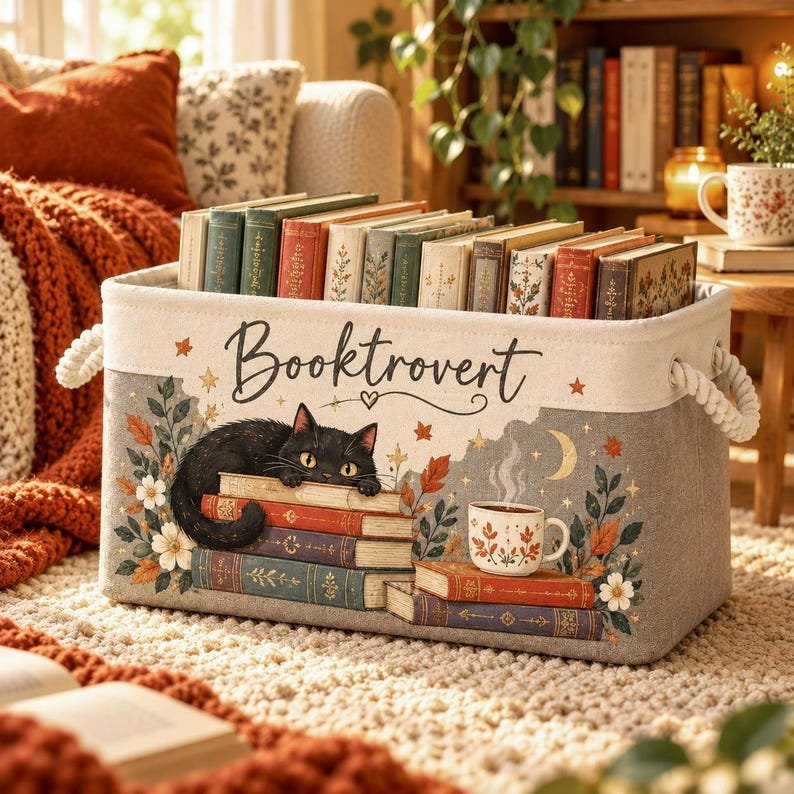 Personalized Booktrovert Basket, Custom Book Lover Gift, Black Cat Mom Storage Bin, Floral Organizer BBPETAL41
