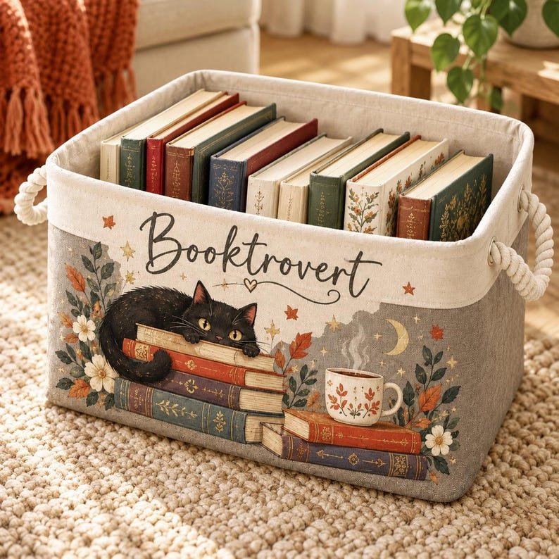 Personalized Booktrovert Basket, Custom Book Lover Gift, Black Cat Mom Storage Bin, Floral Organizer BBPETAL41