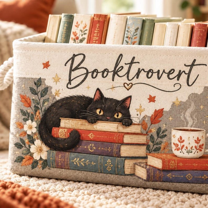 Personalized Booktrovert Basket, Custom Book Lover Gift, Black Cat Mom Storage Bin, Floral Organizer BBPETAL41