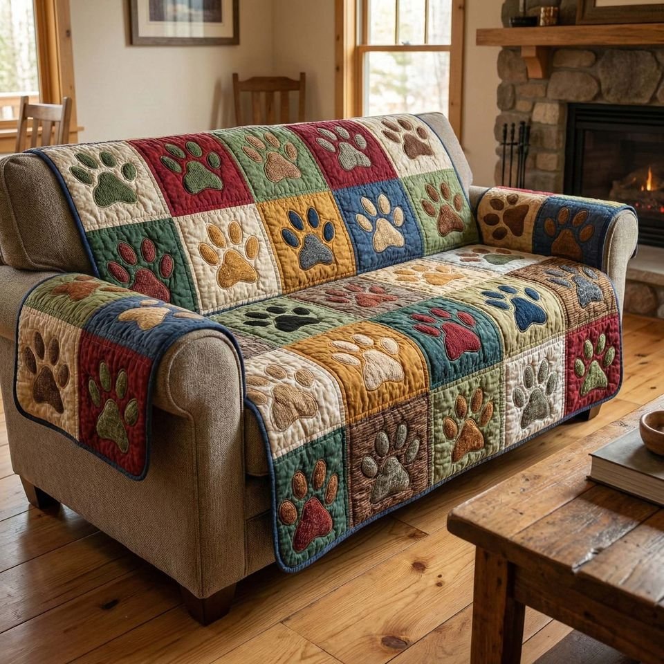 Personalized Vintage Colorful Pet Paw Quilted Sofa Cover, Pet Paw Pattern Sofa Cover, Patchwork Couch Throw, Sofa Protector, Holiday Sofa Decor QUILTSOFA30