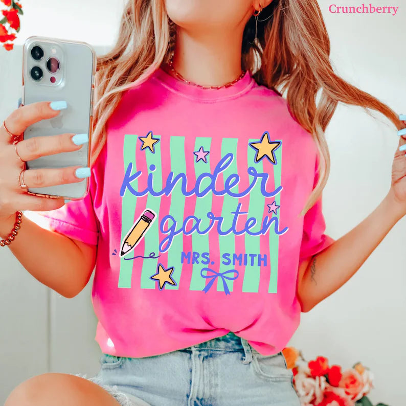 Custom Kindergarten Teacher Shirt, Comfort Colors® Kindergarten Tee, Retro Stripe Kindergarten Team Shirt, Back to School, Elementary Teach. SPETAL7