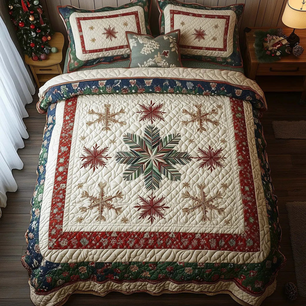 Vintage Snowflake Pattern Quilted Bedding Set, Christmas Snowflake Patchwork Blanket with Pillowcases, Festive Winter Bedroom Decor, Bedding Decor PTBED67