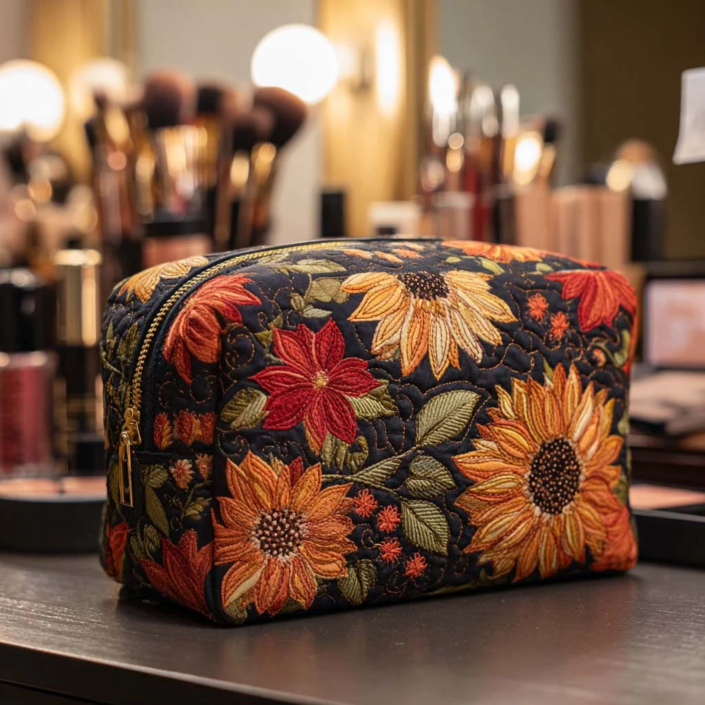 Quilted Autumn Sunflower Makeup Bag, Fall Floral Cosmetic Pouch, Travel Toiletry Organizer – QMBPETAL36