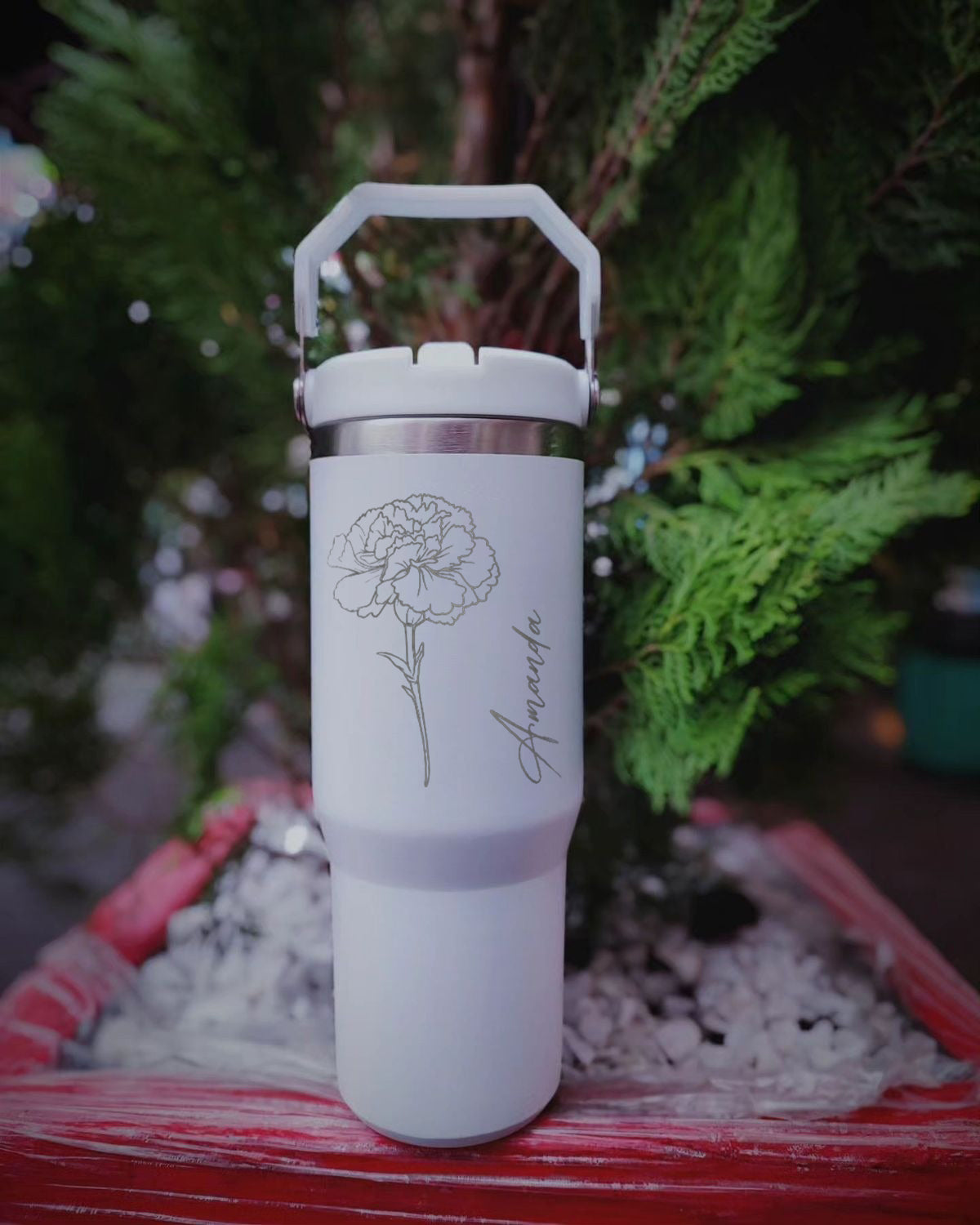 Personalized Birth Flower Flip Straw Tumbler with Handle, Custom Name 40oz Cup, November Peony Monthly Bloom Engraved Mug, Birthday Gift for Her