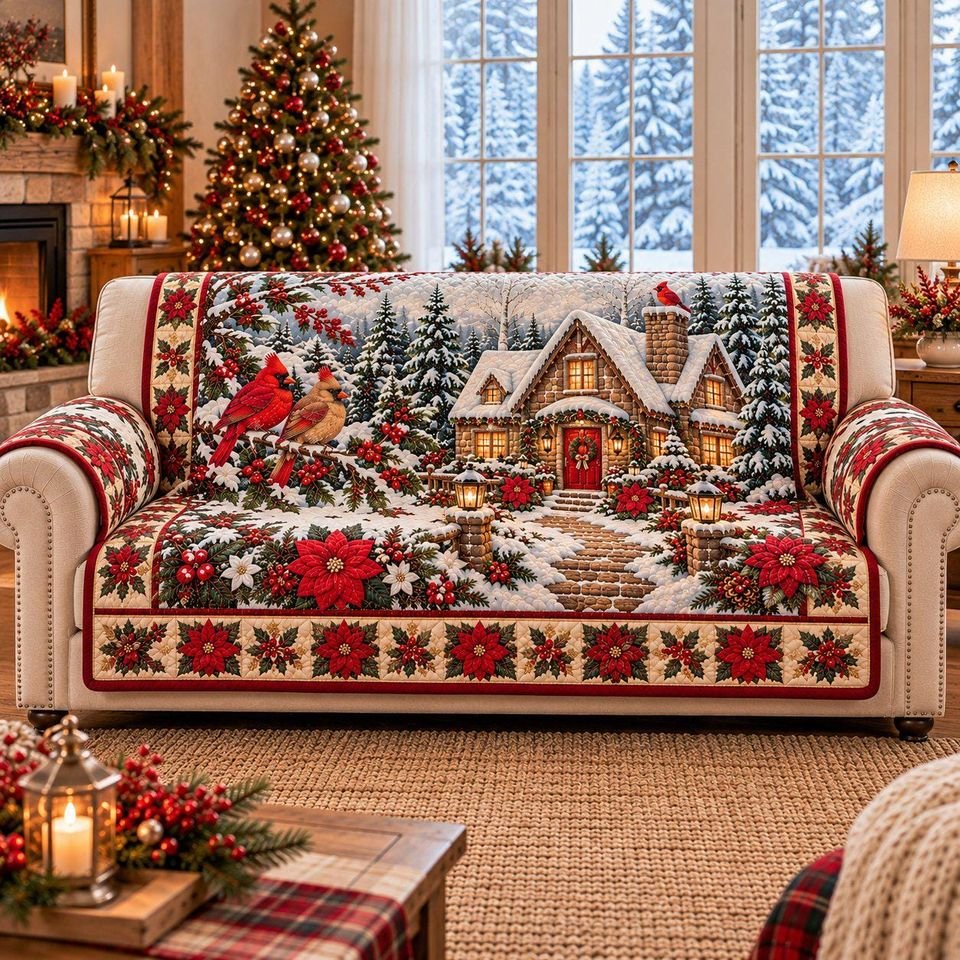 Personalized Christmas Villages Quilted Sofa Cover, Christmas Sofa Cover, Patchwork Couch Throw, Sofa Protector, Holiday Sofa Decor QUILTSOFA32