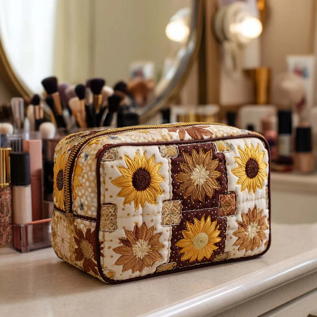 Quilted Sunflower Patchwork Makeup Bag, Floral Cosmetic Bag, Rustic Travel Toiletry Pouch, Cottagecore Zipper Organizer Gift for Women – QMBPETAL38