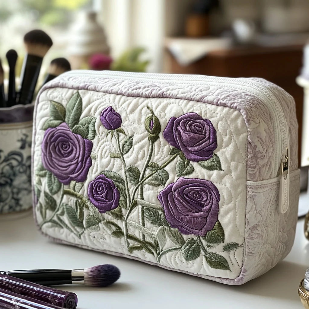 Quilted Purple Rose Makeup Bag, Floral Cosmetic Bag, Lavender Rose Travel Toiletry Pouch, Botanical Zipper Organizer Gift for Women – QMBPETAL39