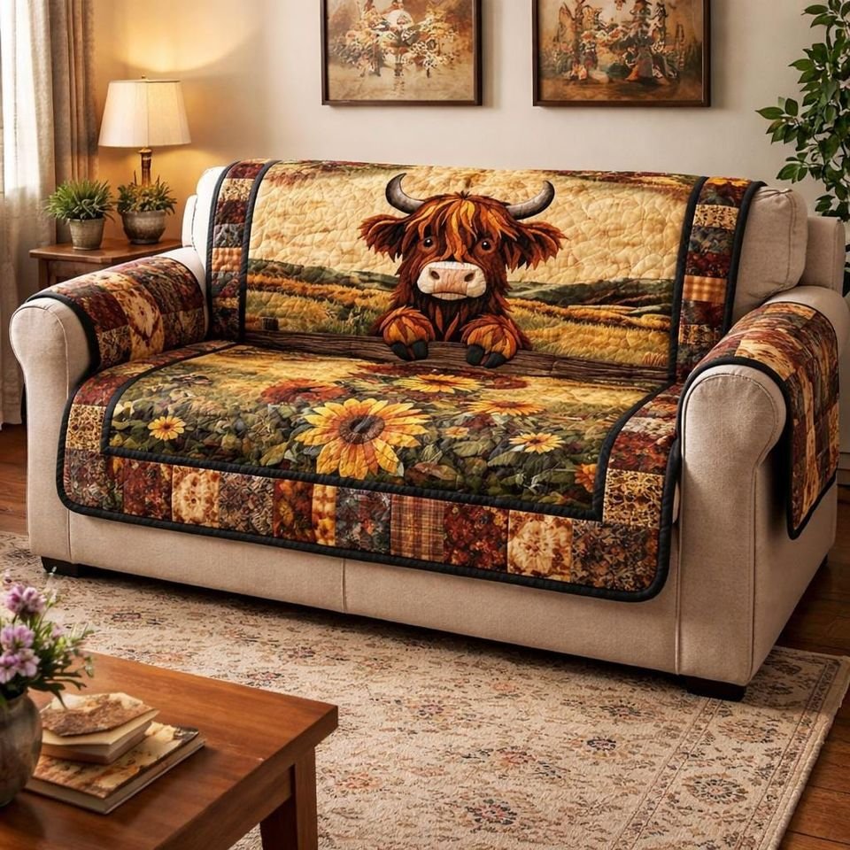 Personalized Highland Cow Quilted Sofa Cover, Cow Sofa Cover, Patchwork Couch Throw, Sofa Protector, Holiday Sofa Decor QUILTSOFA33