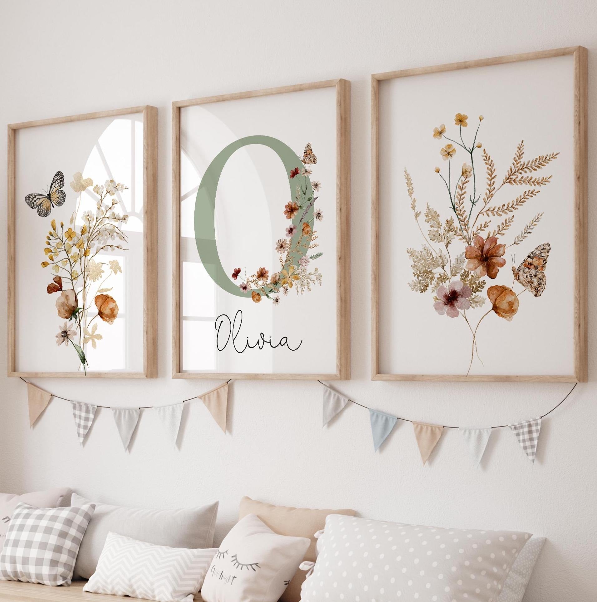 Custom Wildflowers Prints, Floral Nursery Wall Art, Boho Baby Girl Nursery Decor, Watercolor Flowers Set Of 3, Personalised Name - Initial