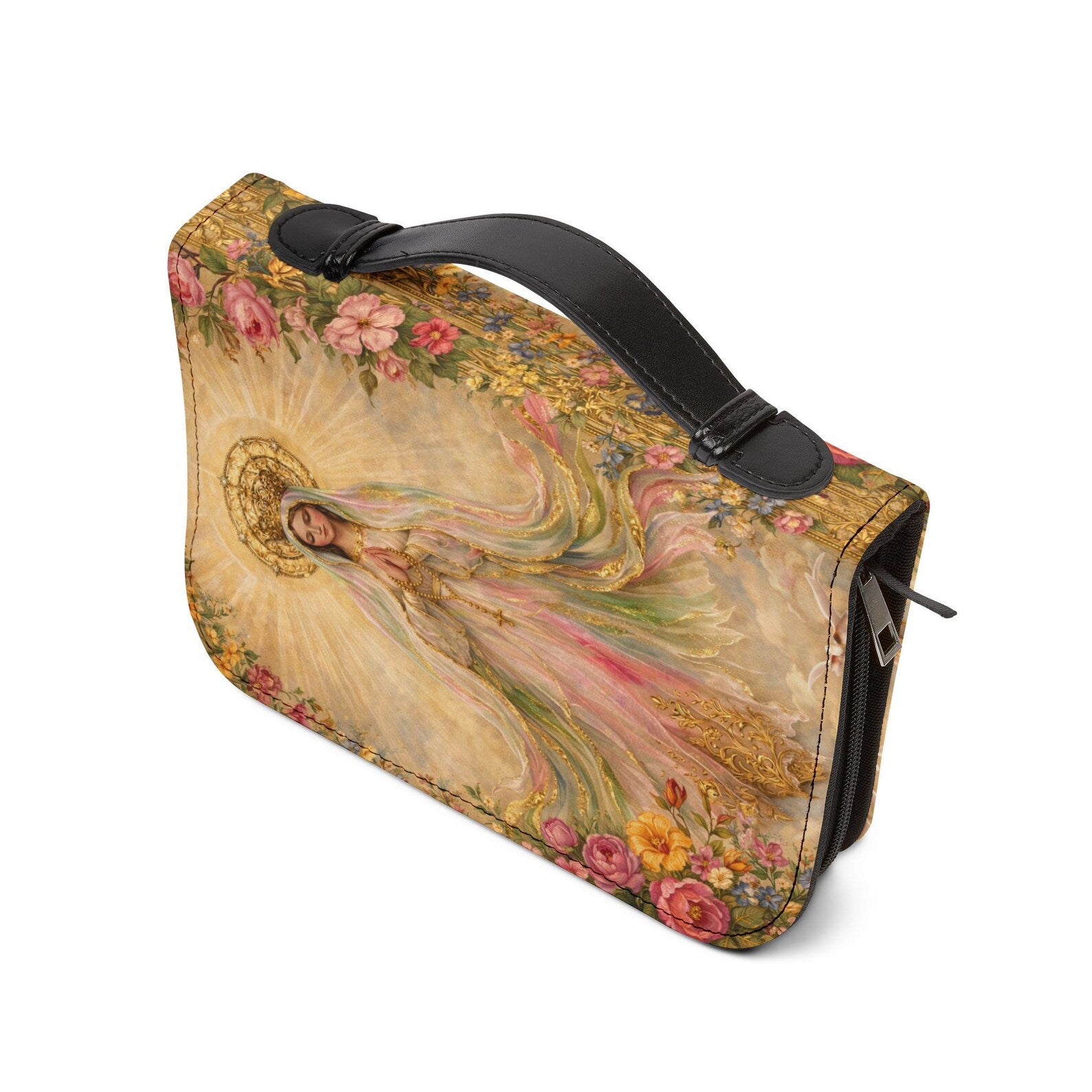 Our Lady Bible Cover Case, Blessed Mother Catholic Scripture Bag, Floral Christian Gift. BCPETAL18
