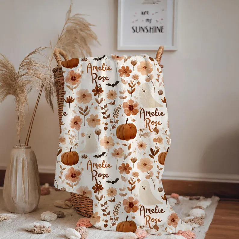 Personalized Boho Ghost Pumpkin Blanket Halloween Floral Velveteen Plush Fall Baby Shower Gift Autumn Room Decor. BLKPETAL5