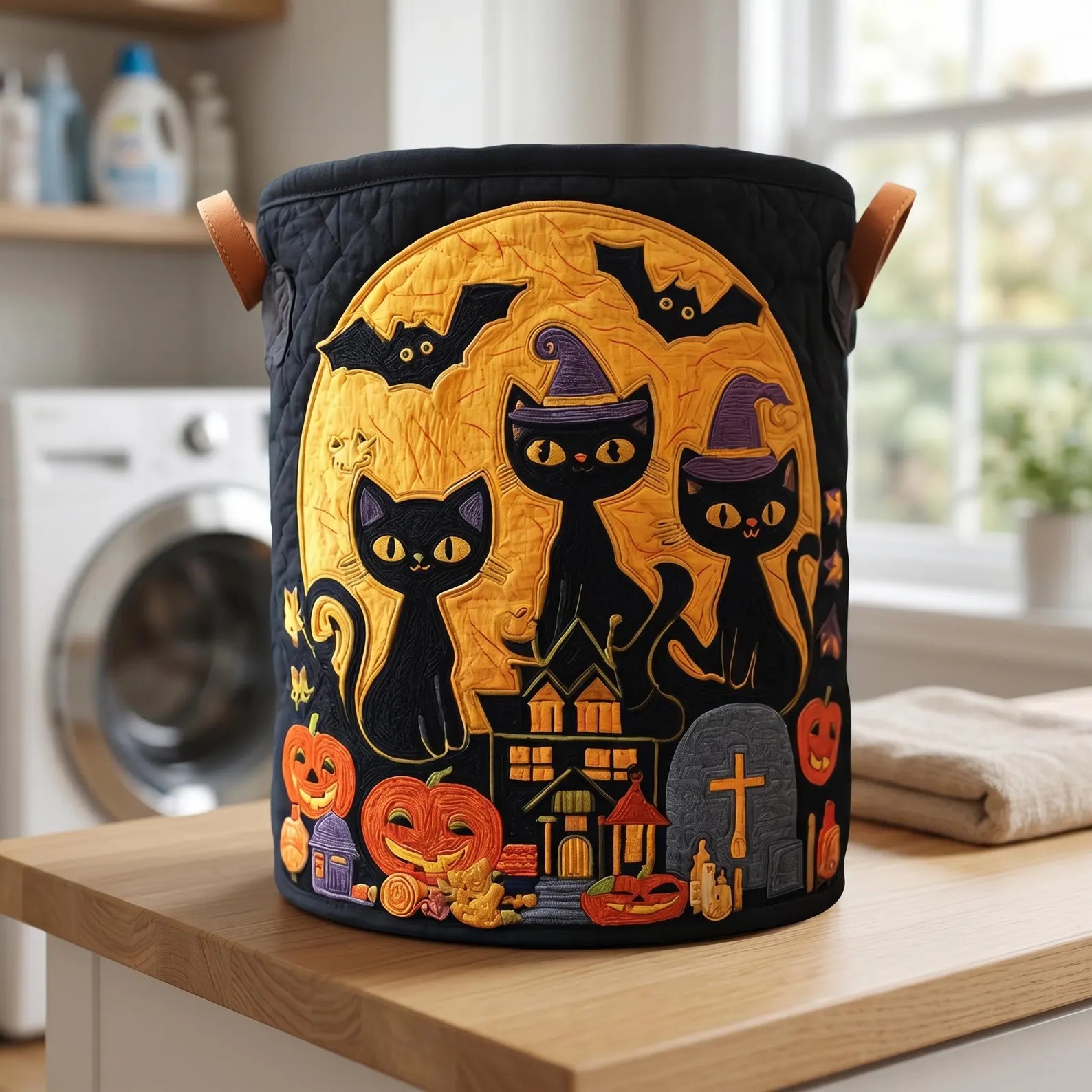 Spooky Whiskers Laundry Basket, Fall Halloween Home Decor, Laundry Room Organizer, Halloween Gift, Housewarming Gift, Mother's Day Gift. HLWLBPETAL14