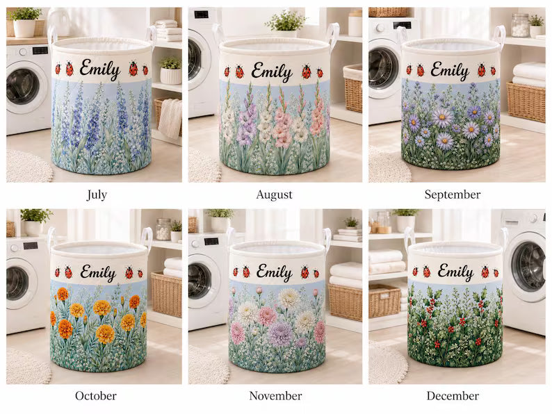 Personalized Birth Month Flower Quilted Laundry Basket, Custom Birth Flower Name Storage Basket, Bookworm Gift For Her LBPETAL151