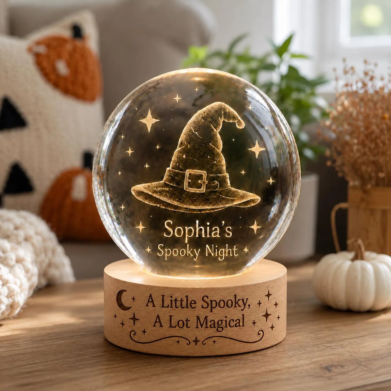 Personalized Witch Hat Crystal Ball Night Light, Halloween Decor, Custom Name Spooky Lamp, Magical Gift, Cozy Witchy Room Decor. LEDPETAL14