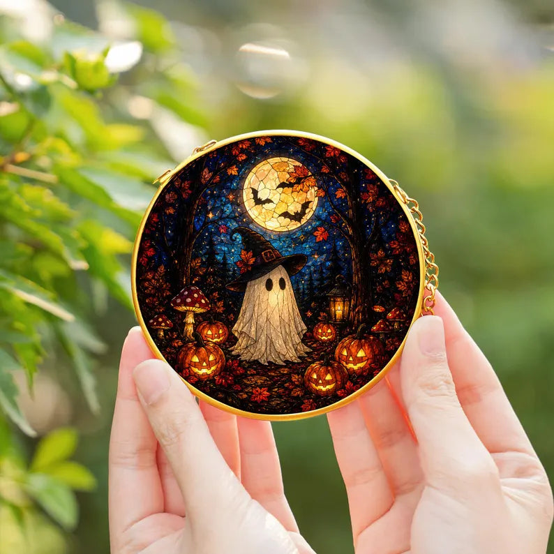 Halloween Ghost Pumpkin Stained Glass Window Suncatcher, Cute Spooky Hanging Decor, Fall Home Ornament Art Piece - Golden Frame. HSPETAL15