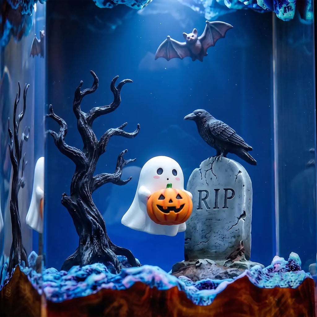 Haunted Raven Resin Lamp, Ghostly Cemetery Night Light, Jack O Lantern Decor, Flying Bats, Handmade Epoxy Halloween Gift. RLPETAL16