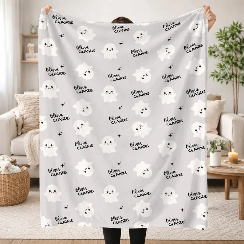Personalized Ghost Baby Blanket | Custom Baby Name Halloween Blanket | Cute Ghost Nursery Blanket | Baby's First Halloween Gift for Newborn. BLKPETAL8