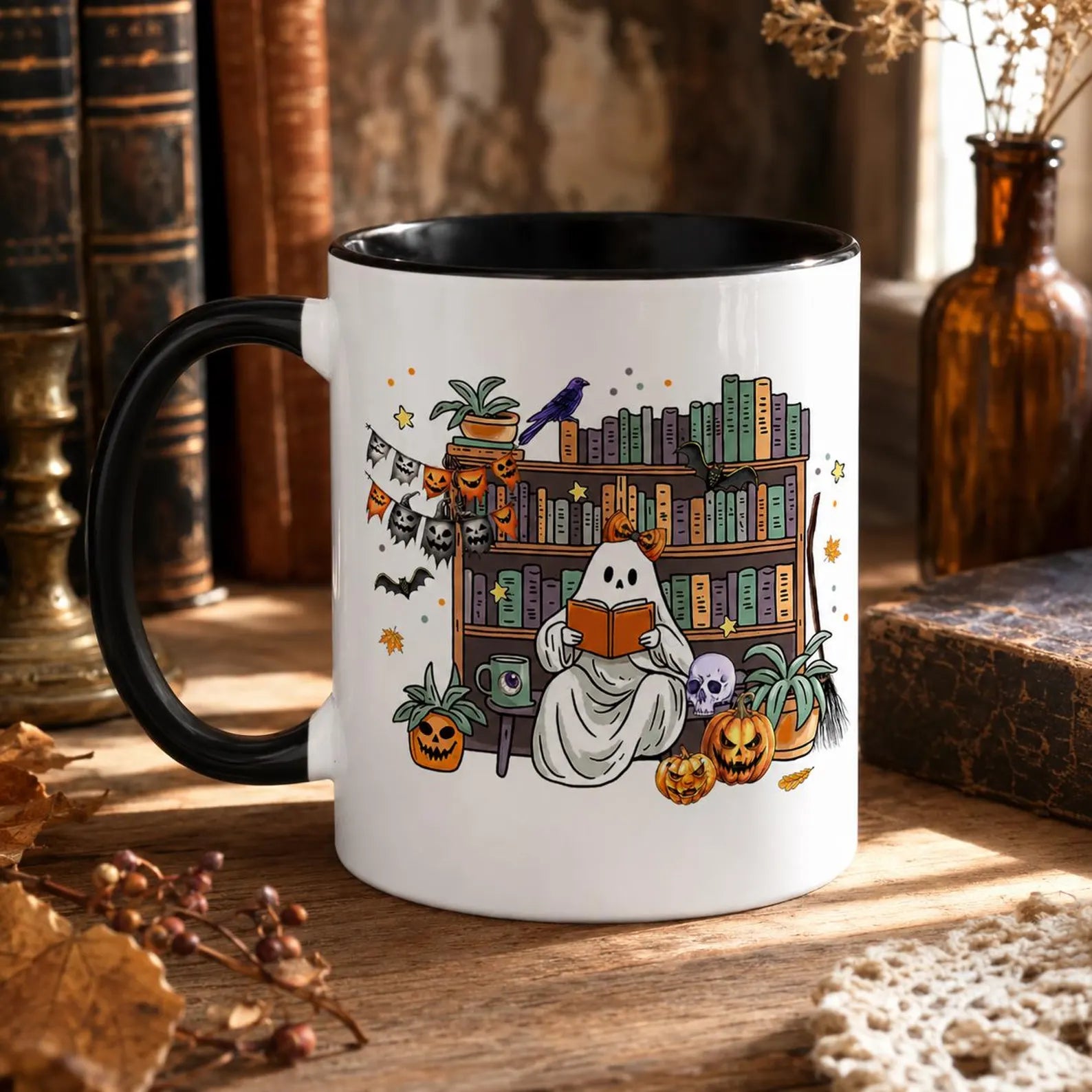 Cute Ghost Reading Book Mug, Spooky Bookshelf Ceramic Cup, Halloween Book Lover Gift For Librarian, Fall Autumn Bookish Cozy Reading Present. MPETAL15