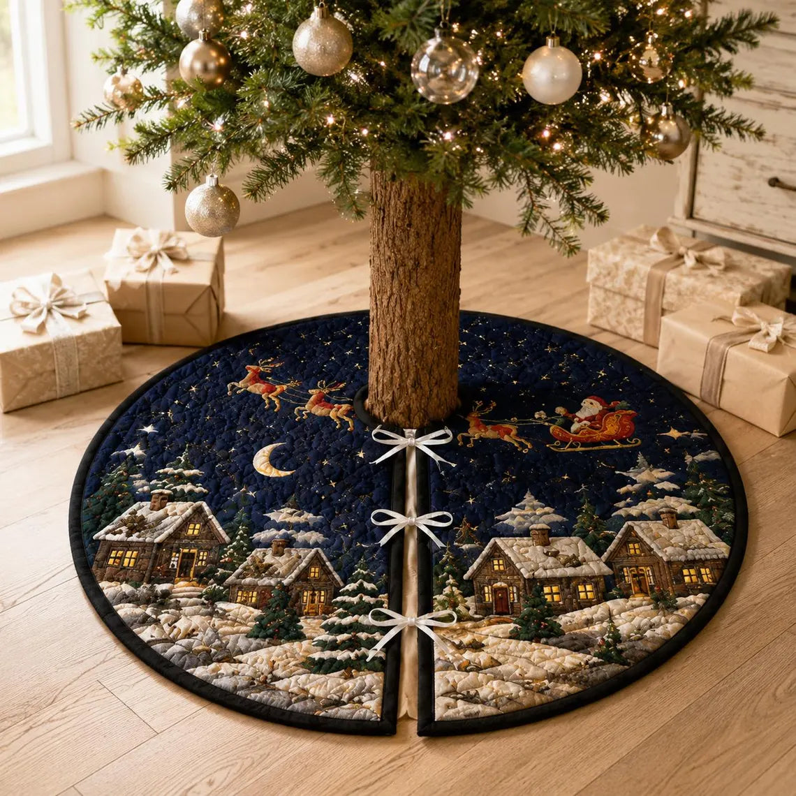 Christmas Village Tree Skirt, Quilted Snowy Cottage Holiday Tree Mat, Santa Sleigh Night Sky Farmhouse Christmas Decor Gift. CTSPETAL05