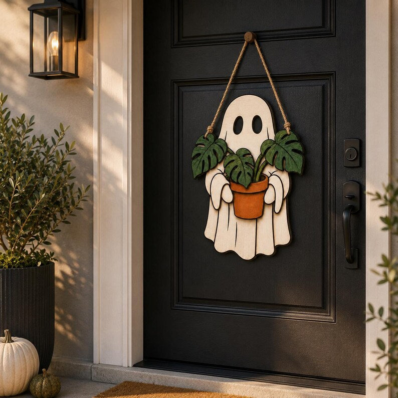 Ghost Plant Halloween Door Sign, Wooden Halloween Sign, Halloween Decor. Trick or Treat Halloween 2D Flat Sign, Wooden Halloween Door Sign, Halloween Gift. HLWDHPETAL07