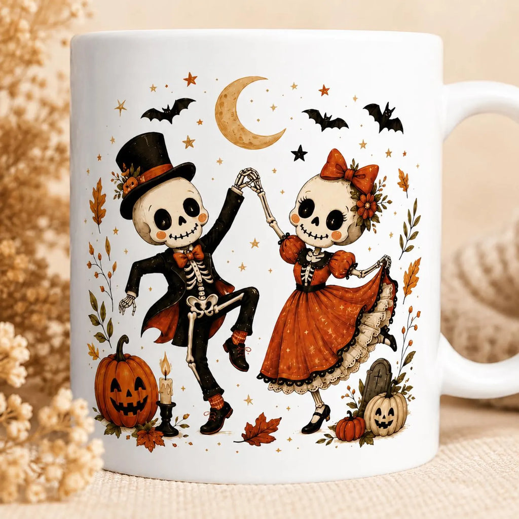 Halloween Skeleton Couple Mug, Dancing Skeletons Coffee Mug, Vintage Halloween Mug, Cute Skeleton Gift, Fall Halloween Coffee Mug. MPETAL1