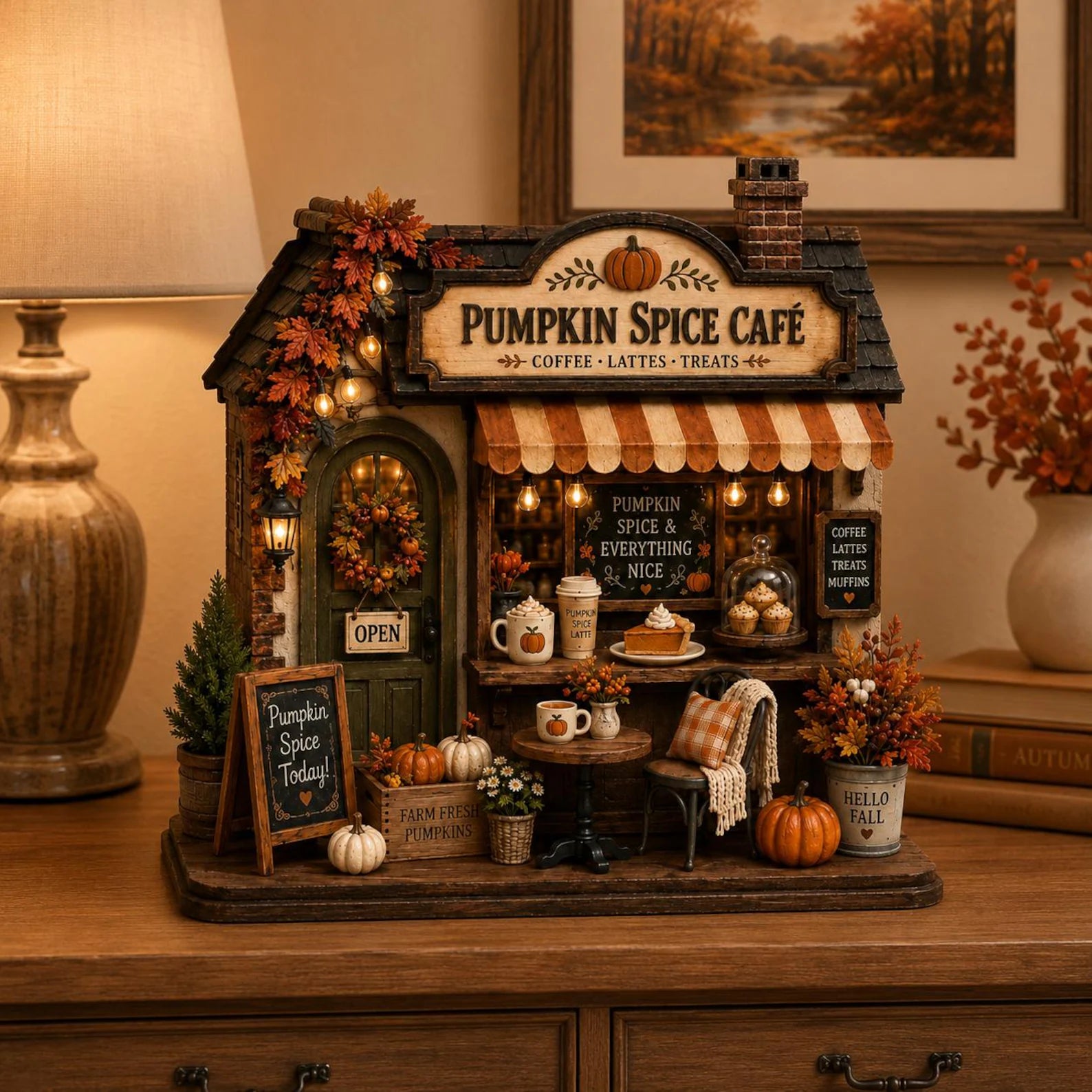 Door Hangers Personalized Autumn Coffee Shop Wooden Block, Custom Fall Café Shelf Decor, Rustic Harvest Village House, Cozy Thanksgiving Gift. WBPETAL8
