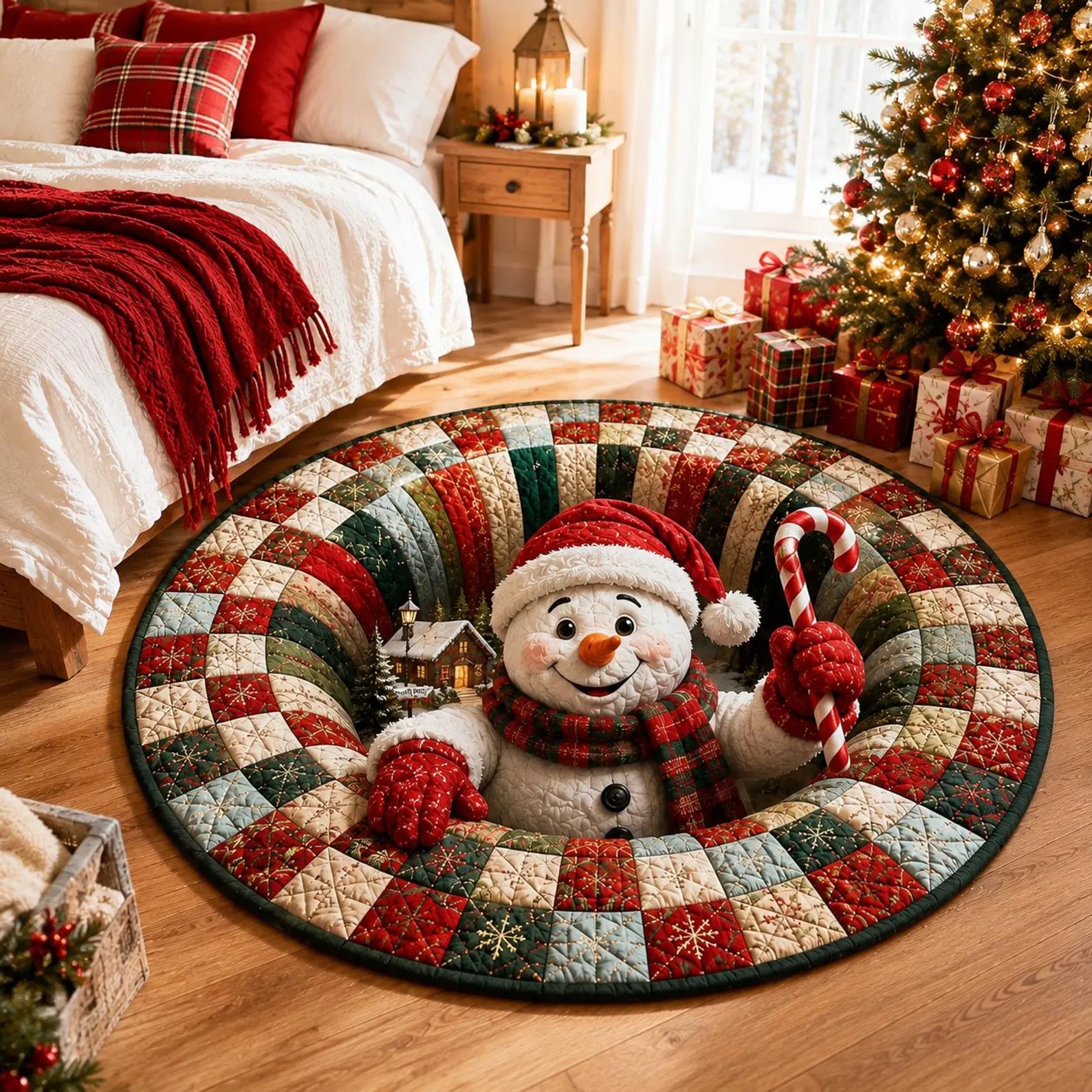 Christmas Snowman Round Rug, 3D Illusion Quilted Floor Mat, Candy Cane Holiday Rug, Cozy Winter Christmas Home Decor. QRPETAL26