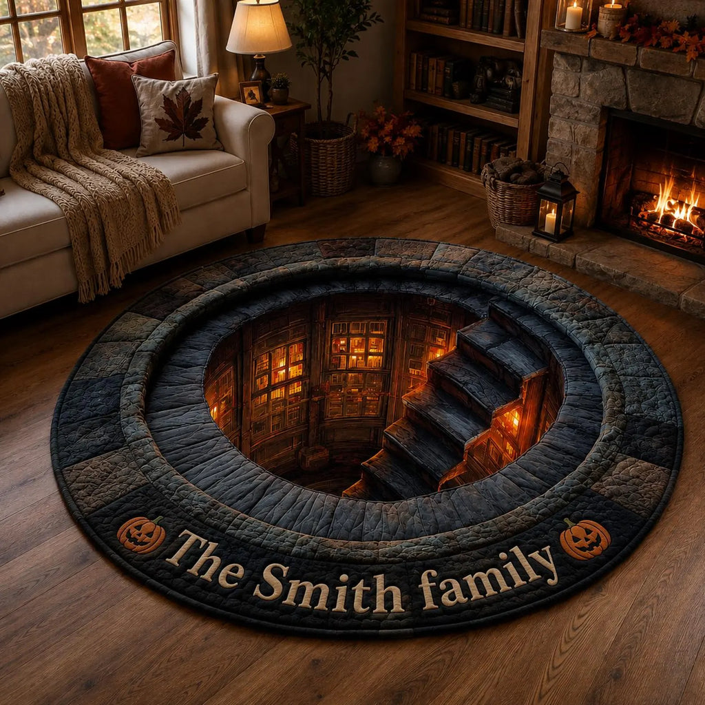 Hidden Library Portal Round Rug, Halloween 3D Illusion Floor Mat, Spooky Staircase Rug, Quilted Gothic Home Decor. QRPETAL22