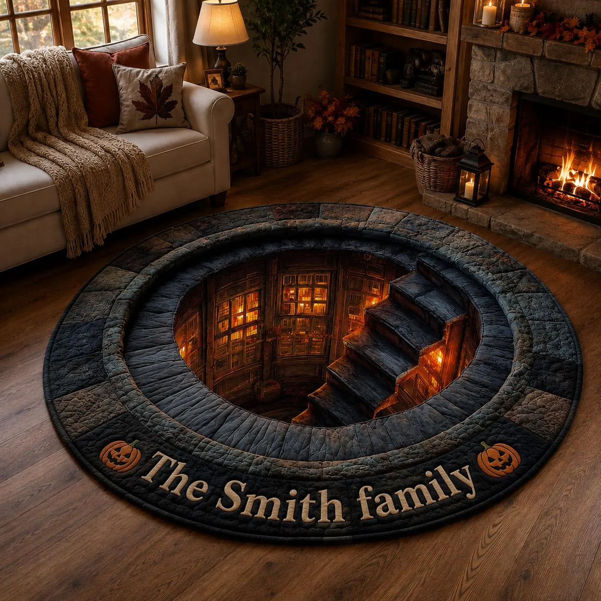 Hidden Library Portal Round Rug, Halloween 3D Illusion Floor Mat, Spooky Staircase Rug, Quilted Gothic Home Decor. QRPETAL22