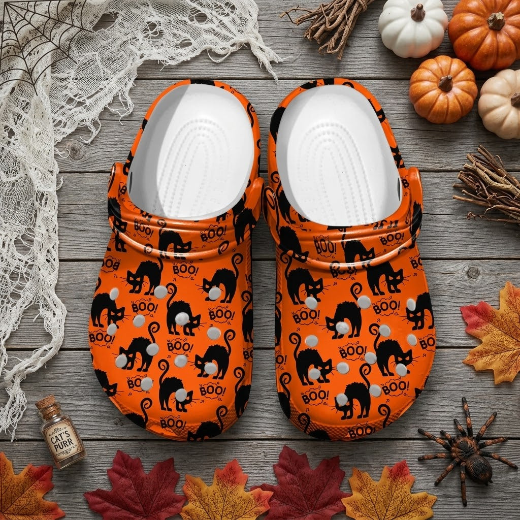 Halloween Black Cat Clogs – Cute Orange Boo Pattern Slip-On Shoes for Spooky Season, Fall Parties & Halloween Gifts. CLPETAL12